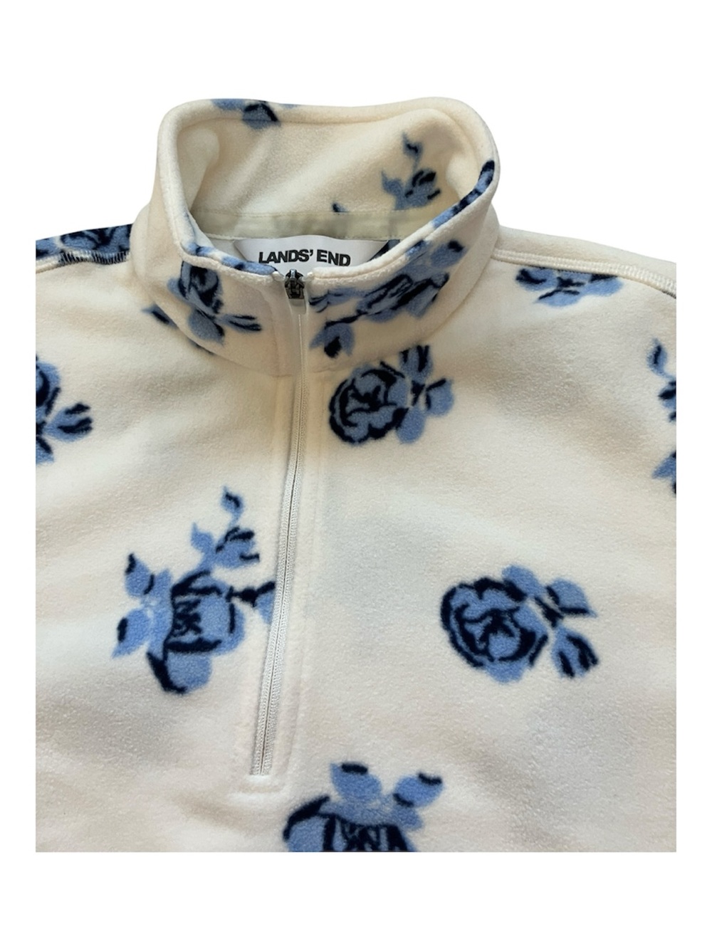 Lands’ End Anywhere Fleece Quarter Zip Pullover Ivory Blue Floral size M - Picture 8 of 12